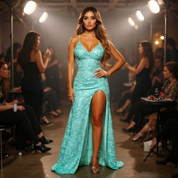 Evening Gown – Nova Luxe – Mint Green – Sequin Maxi High Slit Mesh Detail – Sz S - Picture 1 of 12